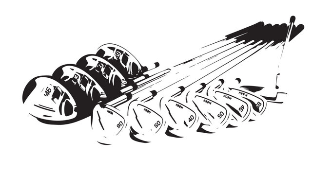 Professional golf clubs set vector illustration, black and white sports equipment collection, driver and iron golf club heads with shafts