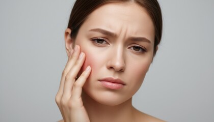 Fototapeta premium Young woman touching her face with concerned expression showing skin irritation or redness on cheek
