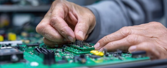 Naklejka premium hands assembling electronic device parts on a workspace