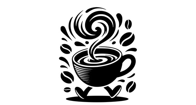 Steaming cup of coffee with legs and coffee beans wake up hot drink