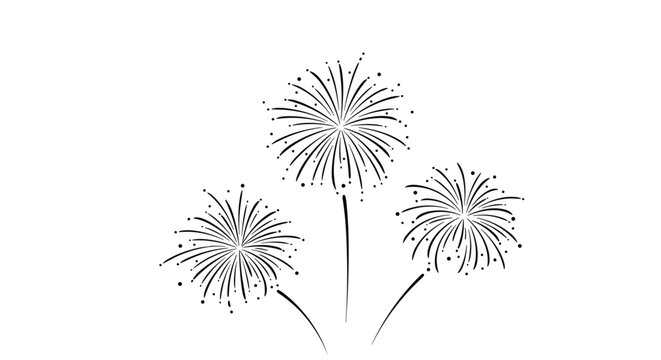 Simple black line drawing of three firework bursts shooting upwards and exploding into thin sparks and dots against a clean white background.