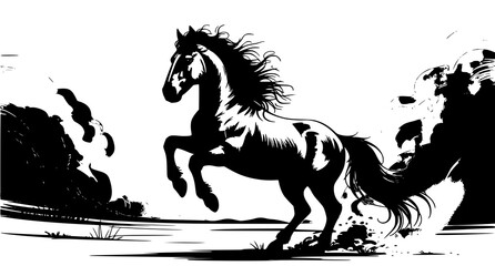 Majestic black horse rearing up with wild mane and tail, a striking © Chadni