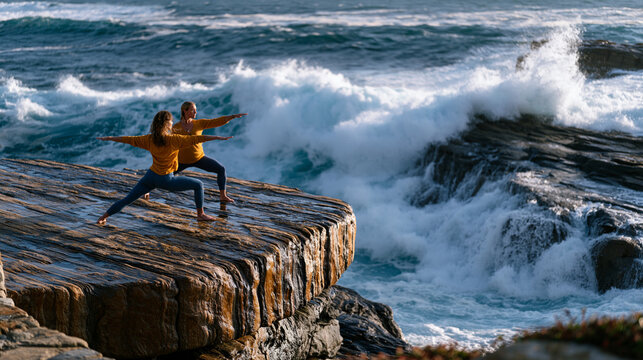Yoga teacher adjusting a student's warrior two pose on a cliffside platform above crashing ocean waves, retreat banner flapping in sea wind, perfect for outdoor yoga, wellness retreat, and contempor