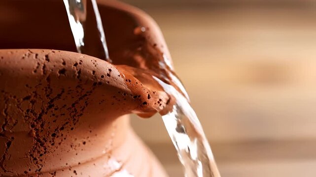 Close up of water pouring from a terracotta jug on a wooden background.