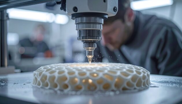 Automated industrial manufacturing process using a high precision computer numerical control machine tool to craft an intricate white polymer pattern