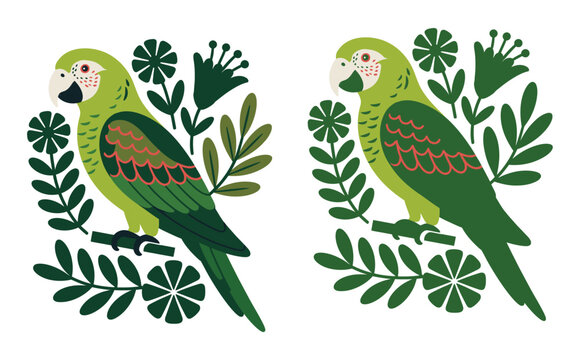 Tropical green parrot folk art style floral illustration set