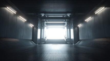 Fototapeta premium Empty dark modern interior featuring a long, concrete corridor with illuminated ceiling lights, leading towards a brightly lit stairway and exit, symbolizing opportunity, future, and progress