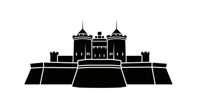 Minimalist black silhouette icon of a medieval fortress castle.