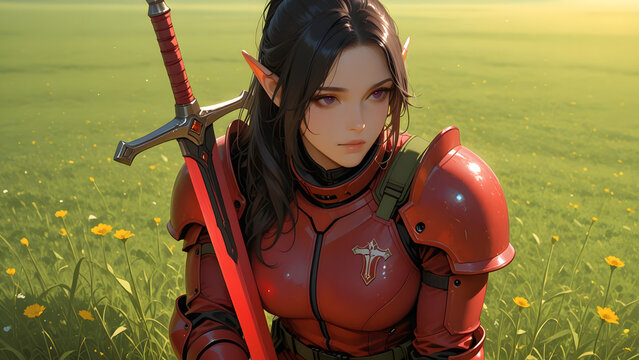 High quality elf knight with glowing red sword and red combat suit standing on a green field with warm sunshine, dark hair and eyes, cinematic fantasy atmosphere, realistic 8k render.