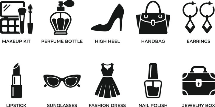 Luxury female fashion face icons black silhouette vector style high end beauty and accessories