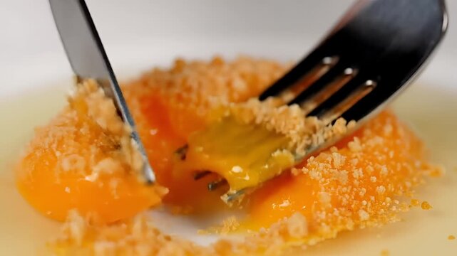 Closeup of a fork piercing a sugarcoated egg yolk.