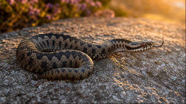 Common european adder coiled on lichen covered rock with heather