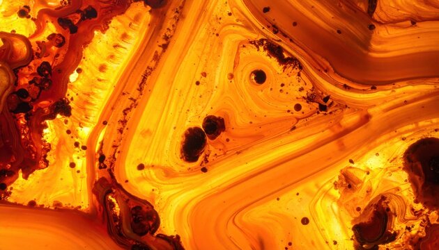 Macro view of ancient solidified amber with translucent orange resin, trapped bubbles and organic inclusions glowing in warm golden light.