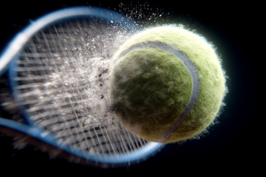 Explosive tennis ball impact on racket strings