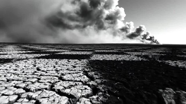Dramatic black and white landscape of a cracked earth with a large plume of smoke rising in the distance under a foreboding sky