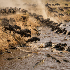 Obraz premium Wildebeest jumping into mara river past crocodiles during migration