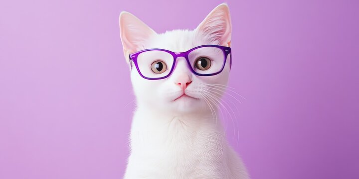 A white cat wearing purple glasses on a purple background.