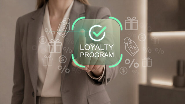 Loyalty program and customer loyalty concept. Membership benefits, discount strategy and customer retention. Businesswoman using virtual interface for loyalty program management