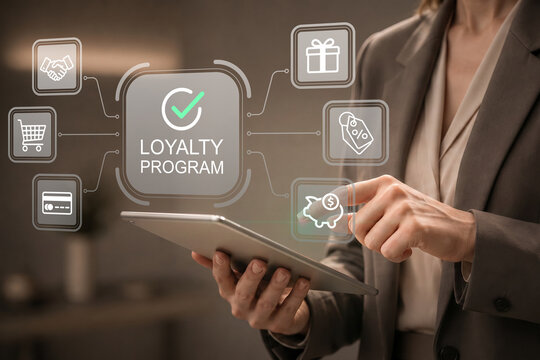 Loyalty program and customer retention. Membership benefits, discount rewards and cashback system interface. Businesswoman using tablet for loyalty program management