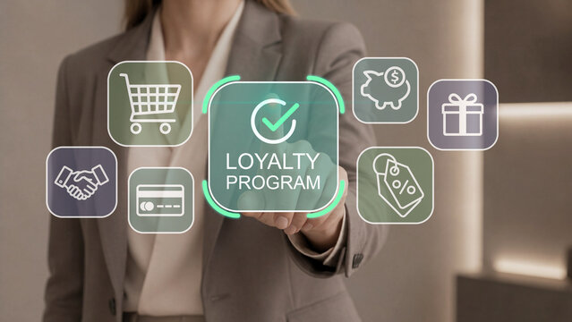 Loyalty program and customer rewards. Digital interface with membership benefits, cashback and discount system. Businesswoman using virtual interface for loyalty program management