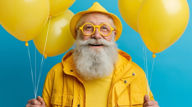 Funny man in a yellow hat smiles with balloons, pictured full body against a bright blue background.