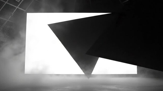 Abstract geometric shapes morphing and rotating within a white glowing rectangle against atmospheric fog