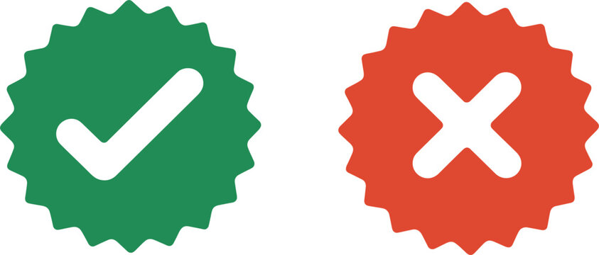 Approved and rejected badge icons vector set, checkmark and cross certification symbols