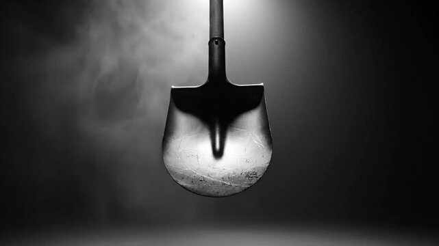 Dramatic monochrome shot of a shovel against a dark background with atmospheric fog conveying suspense and mystery