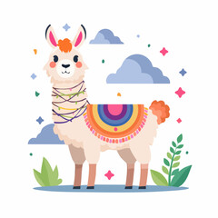 Obraz premium Cute Cartoon Llama with Colorful Blanket and Decorations