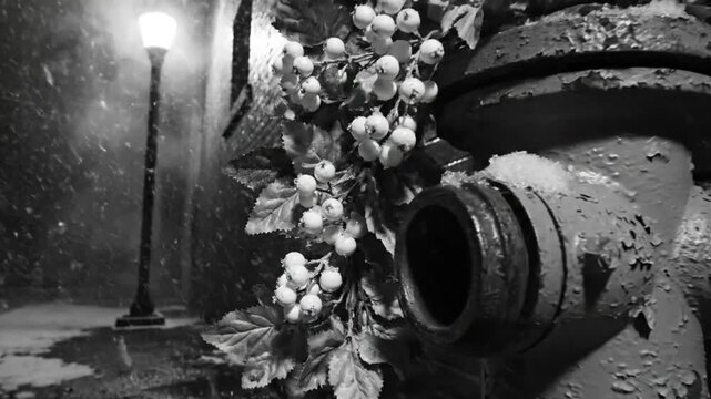 Black and white still life cinematic alley winter snow scene with fire hydrant berries and lamppost