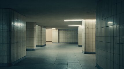 Fototapeta premium Empty underground public transport corridor with tile walls and several pillars creating a moody and somewhat eerie atmosphere, showing urban infrastructure