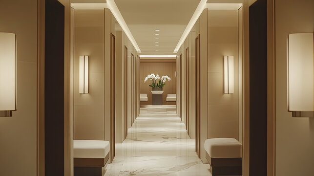 Contemporary luxury hallway featuring elegant marble flooring, warm ambient lighting, minimalist benches, and a central orchid arrangement, creating a serene and sophisticated interior space