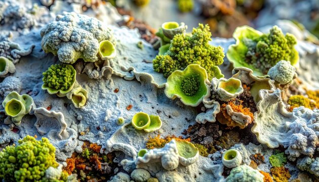 Super close-up of symbiotic lichen colony with green crustose growth, tiny cup structures and rough multicolored surface in a natural microhabitat.