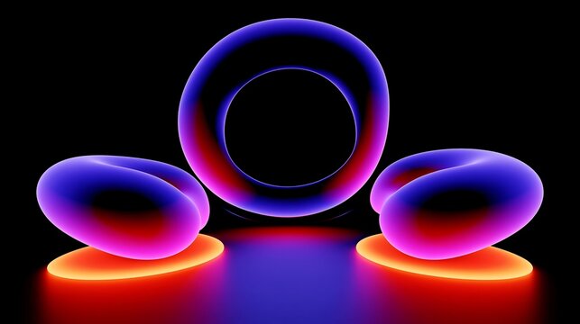 Abstract toroidal and biomorphic shapes with neon glow in dark studio background for futuristic design