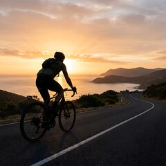 Obraz premium Cyclist silhouetted against sunset on scenic coastal road
