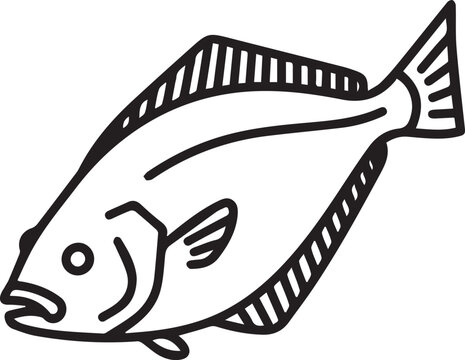 Minimalist Vector Turbot Fish Full-Body Icon for Seafood Brands, Marine Biology Apps, Restaurant Menus, Aquarium Designs, Sustainable Seafood Campaigns, Food Delivery Apps, Culinary Icons