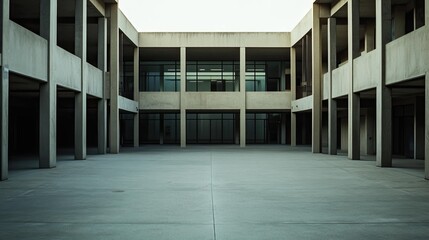 Fototapeta premium Brutalist concrete architecture creating an open air modern courtyard, featuring geometric lines, columns, floors, walls, and glass windows in a minimalist institutional building design