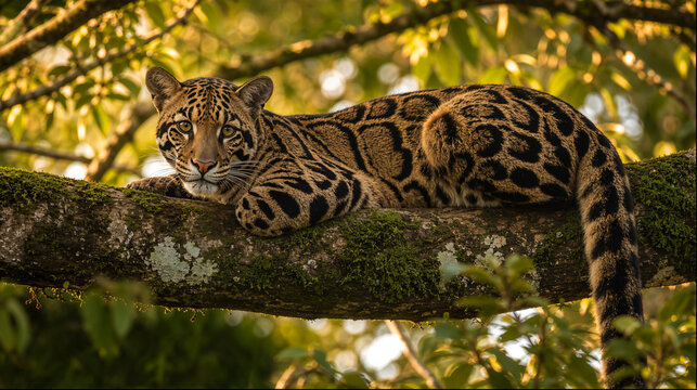 Clouded leopard resting on mossy tree branch in tropical rainforest