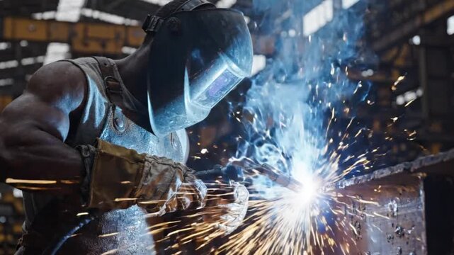 Welder working on a giant metal structure, sparks exploding in slow motion, mask reflecting intense blue light, cinematic volumetric smoke.