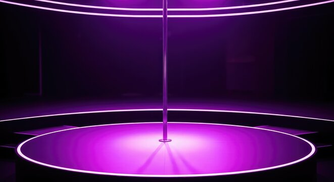 Vibrant purple neon lights illuminate a deserted performance stage inside a dark club. A polished metal pole stands central on the platform, empty, metallic, dancefloor
