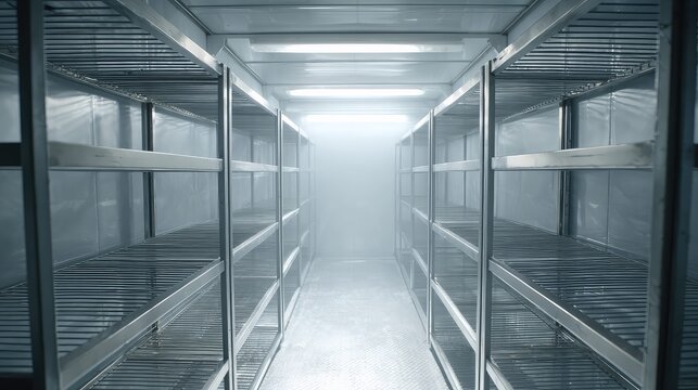 Industrial walk in cooler with empty metal shelving, foggy air and bright fluorescent light conveying cold storage, sterile refrigeration, scarcity and supply chain tension