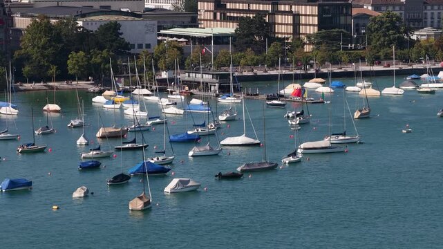 Scenic aerial view of zurich lake with boats moored