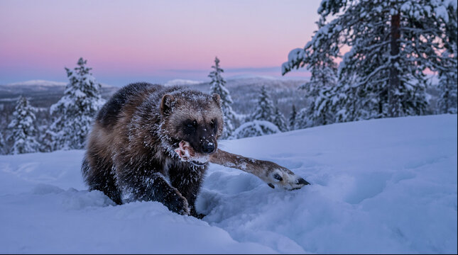 Wolverine eating prey in snow at twilight in scandinavian winter