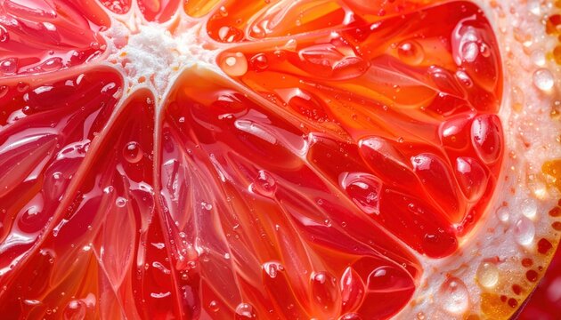 Super macro of grapefruit interior membrane with glossy red pulp, juicy citrus vesicles and bursting fresh texture for vibrant food backgrounds.