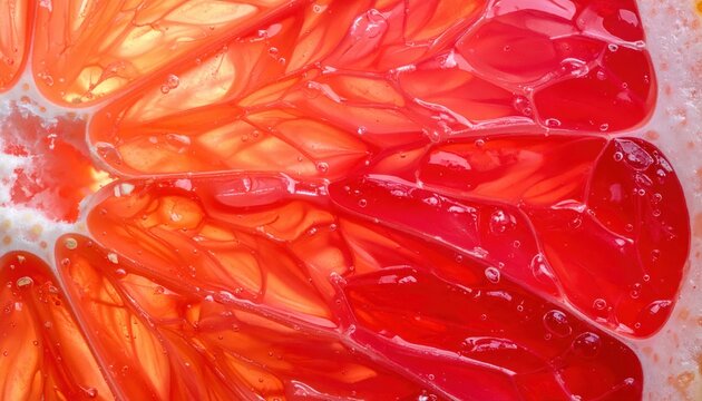 Super macro of grapefruit interior membrane with glossy red pulp, juicy citrus vesicles and bursting fresh texture for vibrant food backgrounds.