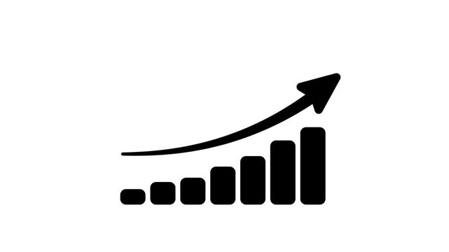 Animated rising bar chart with increasing black arrow pointing up. Flat style business growth, financial success and profit concept on white