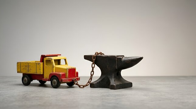 Toy truck pulling a heavy anvil with a metal chain, symbolizing struggle and effort.