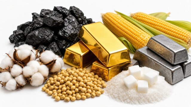 Diverse Assortment of Global Trading Commodities Featuring Gold Bars Coal Cotton Corn Sugar Soybeans and Metal Ingots Representing Wealth and Global Commerce