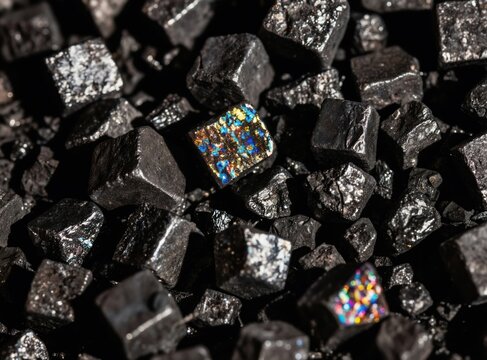 Close up of black ferroalloy lumps with one colorful metallic piece. Raw industrial material for steel and metal production. Complex chemical composition.