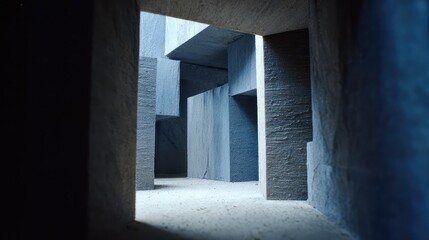 Fototapeta premium Abstract architectural model creating a brutalist labyrinth of rough concrete blocks and geometric shapes, with natural light illuminating the textured surfaces and casting shadows